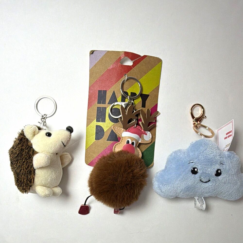 Set of 3 keychains , Reindeer Pom Pom, Cloud, Hedgehog